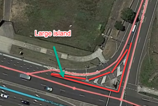 Screenshot illustrating a large island at an intersection which would require mapping of an AGC.