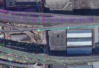 Screenshot illustrating how GPS trails indicate parallax in satellite imagery on elevated roadways.