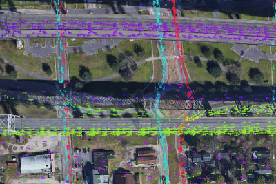 Screenshot illustrating how GPS trails indicate parallax in satellite imagery on elevated roadways.