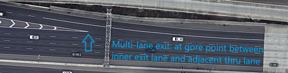 Screenshot illustrating the gore point of a multi-lane exit ramp.