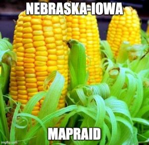 The words 'Nebraska-Iowa Map Raid' over an image of corn