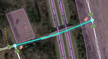 Bad: This bridge should be cut at its west end due to the presence of the cemetery and its HN; the east end should not be cut due to the nearby junction (note: screenshot utilizes the HN Navpoints script to show where HNs fall on the segment).